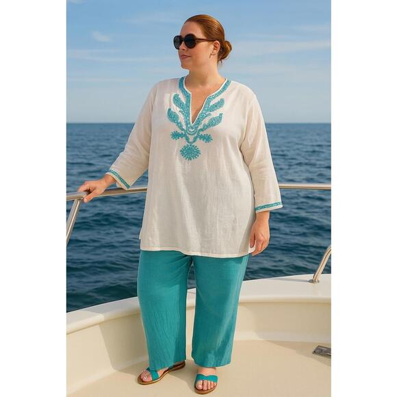 Carole LIttle White/Turquoise Linen Blend Embroidered Shirt V Neck Boho Tunic 2X - Picture 1 of 7